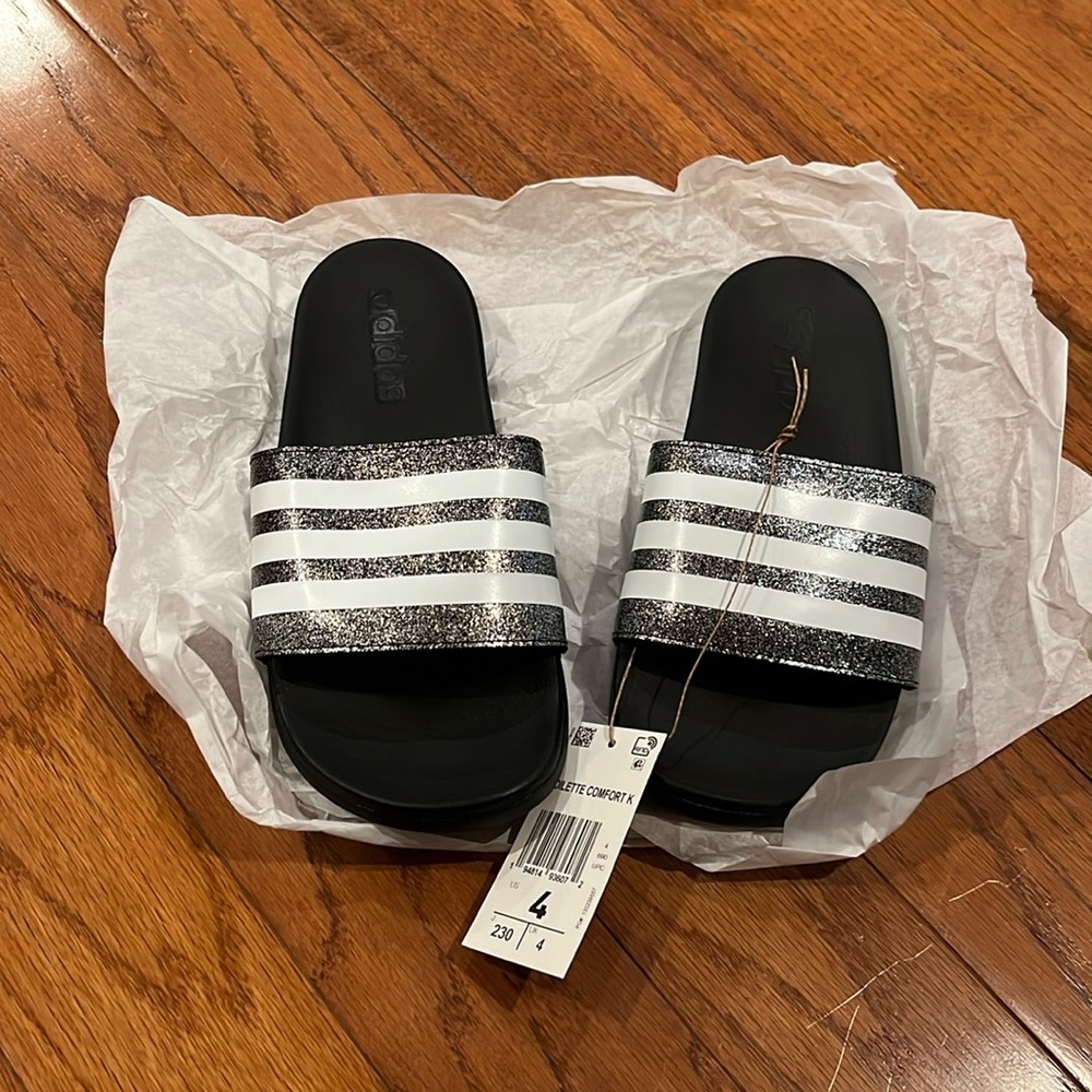 Adidas Slides kids size 4 glitter silver and white NEW